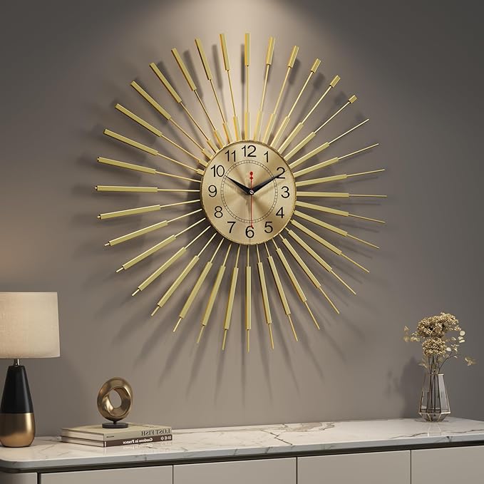 Cuspin 24 Inch Gold Wall Clock, Large Sunburst Mid Century Modern Clocks for Living Room Decor, Silent Non Ticking Battery Operated Decorative Wall Clock for Bedroom, Kitchen, Office