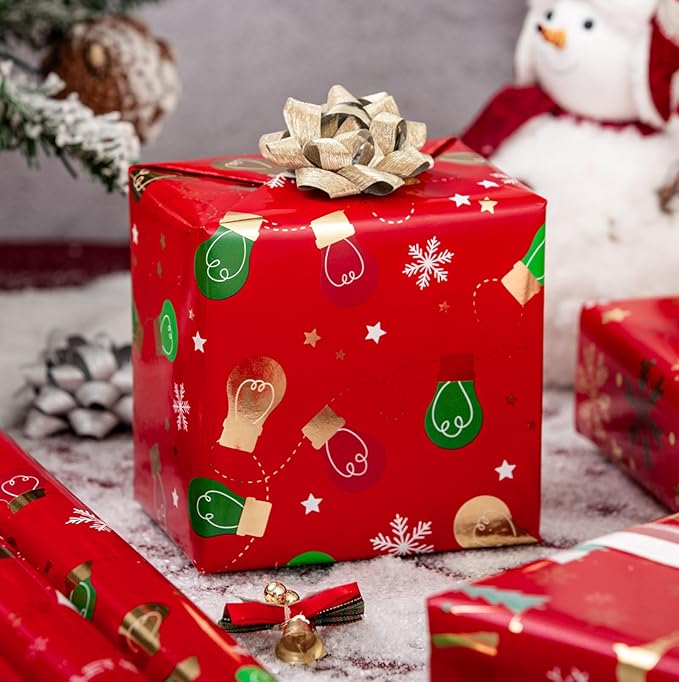 MAYPLUSS Red Christmas Wrapping Paper Rolls - 17" X 120" Per Roll - Vintage Funky Red Deer, Christmas Oranments, and Snowflakes Pattern Holiday Gift Wrap Present Paper for Festive Celebrations