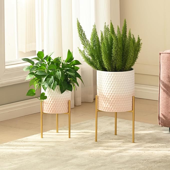 Modern Planter Pots, Set of 2 White Pink Planters with Stand, Decorative Planters, Metal Pots with Drainage Holes for Living Room, Office, Garden