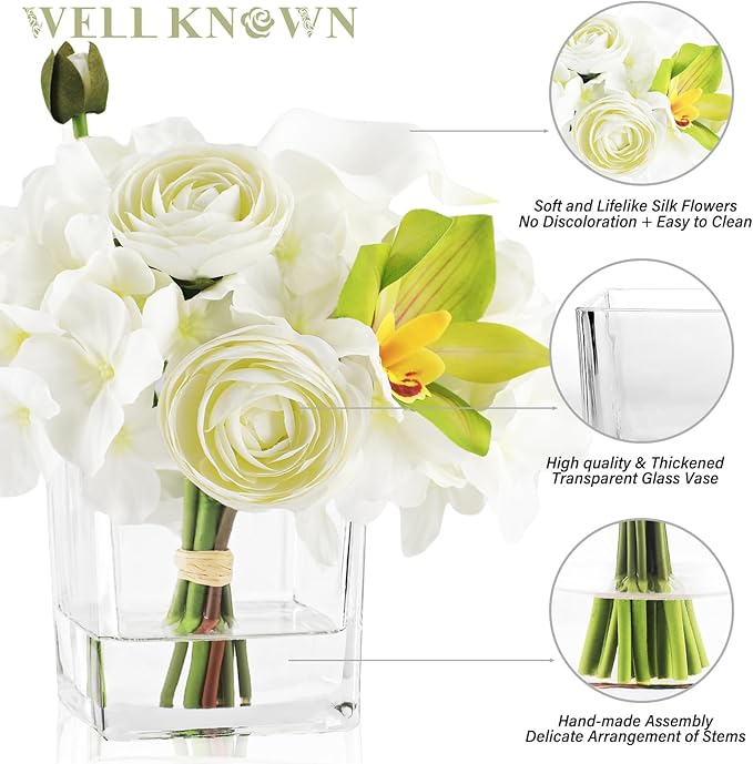 WELL KNOWN Fake Flowers in Vase, Mixed Artificial Flower with Fake Water in Glass Vase Realistic Hydrangea Calla Lily Ranunculus Silk Faux Floral Centerpiece for Coffee Dining Table Office Decor White