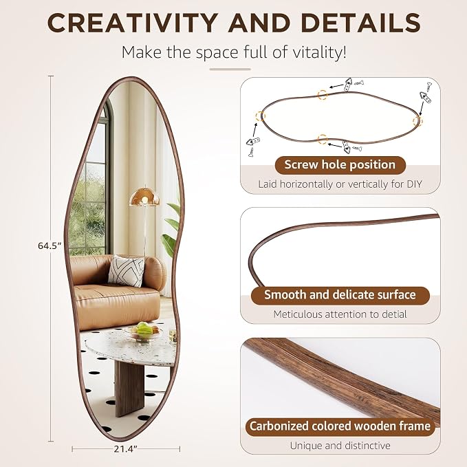 Irregular Full Length Mirror 64"x21", Cloud-Shaped Design with Rounded Oak Hardwood Frame in Black Walnut, Asymmetrical Wall Mirror for Bedroom,Living Room,Cloakroom,Horizontal/Vertical