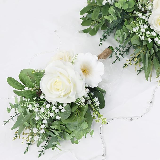 Set of 2 Bridesmaid Bouquets for Wedding - 7 Inch Artificial Flowers Bouquets for Ceremony Anniversary Centerpieces Decorations - White