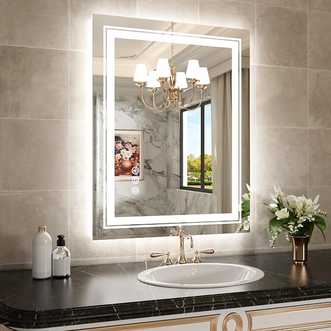 WTTY RGB LED Bathroom Mirror 28"x36" with Backlit and 3 Front Light,Stepless Dimmable LED Mirror for Bathroom,Lighted Bathroom Vanity Mirror for Wall,Anti-Fog,Memory Function,Shatter-Proof