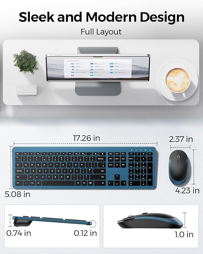 Wireless Keyboard and Mouse Combo - Full Size Slim Thin Wireless Keyboard Mouse with Numeric Keypad 2.4G Stable Connection Adjustable DPI, Black&Blue