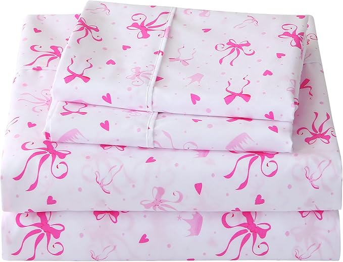 Viviland 4 Pieces Girls Pink Full Sheet Set - Soft Microfiber Fitted Flat Sheets & Pillowcases - Pink Bow Print Bedding Sets- for Kids & Toddlers