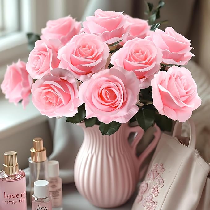 50pcs Artificial Roses Flowers in Bulk,Realistic Silk Fake Rose with Long Stem for Wedding Centerpieces Bouquet Party Floral Arrangement Home Decoration(Pink)