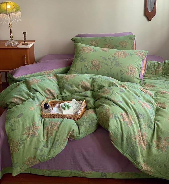 VM VOUGEMARKET Retro Flower Duvet Cover King,3Pcs Yarn-Dyed French Linen Jacquard Duvet Cover Set Mint Green Purple Bedding Set for Girls Women Without Comforter