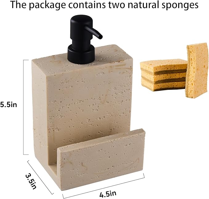 Beige Travertine Soap Dispenser with Sponge Holder – Marble Look Hand & Dish Resin Soap Pump Bottle for Kitchen & Bathroom, 2-in-1 Countertop Organizer, with 2 Natural Sponges (Luxury Home Decor)