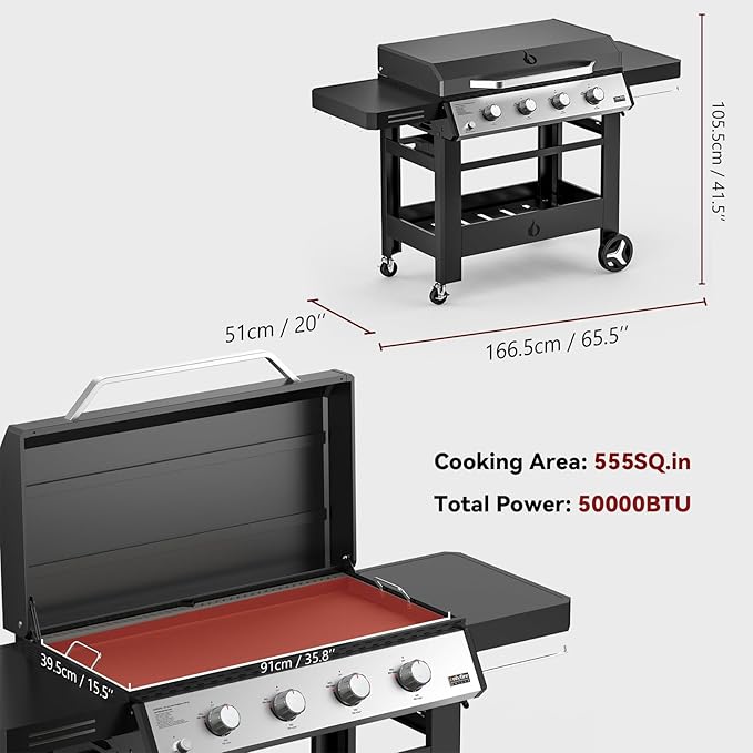 ONLYFIRE GRILLS Heavy Duty Propane Gas Griddle 4-Burner with Waterproof Cover, Premium Flat Top Gas Grill with 555 sq.in Cooking Area, Outdoor BBQ Stove for Patio Barbecue Backyard Party, GS352
