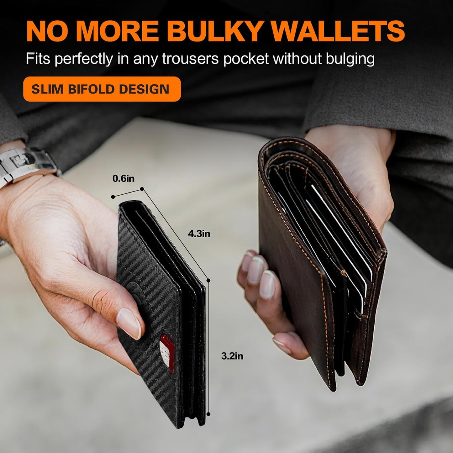 Skiennix Slim RFID Blocking Bifold Wallet - Carbon Fiber Minimalist Design | Compact Front Pocket Holder with 2 ID Windows & Cash Slot