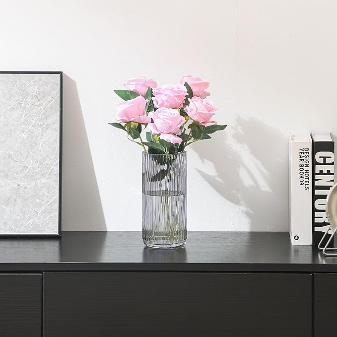 Ribbed Glass Vase, Flower Vases for Bouquet, Black Glass Vases for Flowers, Modern Ribbed Vase for Living Room, Bathroom, Dining Table, Office, Wedding, Centerpieces, 8 Inches