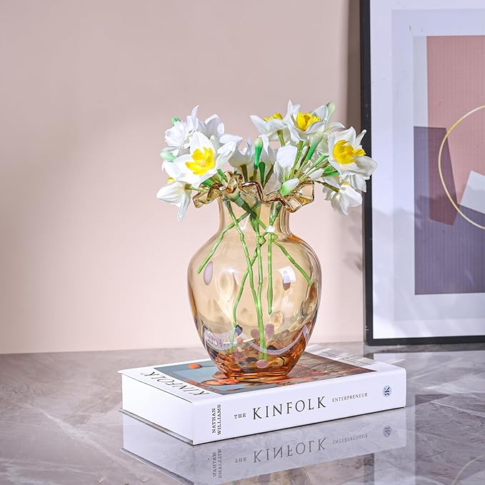 Hand Blown Amber Glass vase, Unique Glass Wide Mouth vase for Console Office TV Stand Coffee Table entryway Entrance Desktop Living Room Dining Table Centerpiece.
