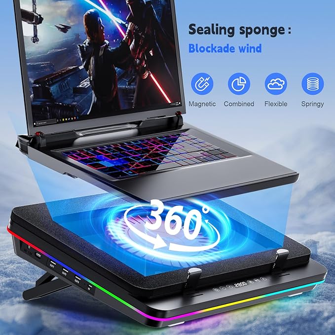 IETS GT600 RGB Laptop Cooling Pad Equipped with Gigantic Turbo-Fan（5.5inch Diameter）,Sealed Foam for Rapid Cooling Gaming Laptop,14.1-19.3 inch Laptop Cooler with 3-Port USB Hub,Dust Filter