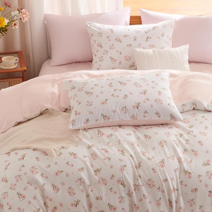 Nayoroom Pink Floral Duvet Cover Queen Size Reversible Spring Cottagecore Bedding Set Girls 3 Pcs Soft Microfiber Coquette Comforter Cover Gift for Women