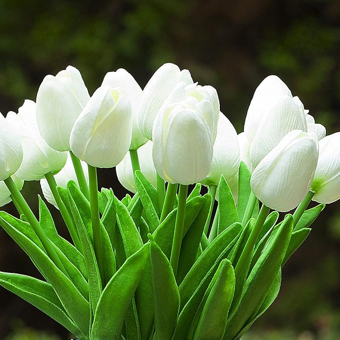 ENOVA HOME 20 Pieces Artificial Real Touch Tulips Flower Arrangement in Glass Vase with Faux Water for Home Decoration (White)
