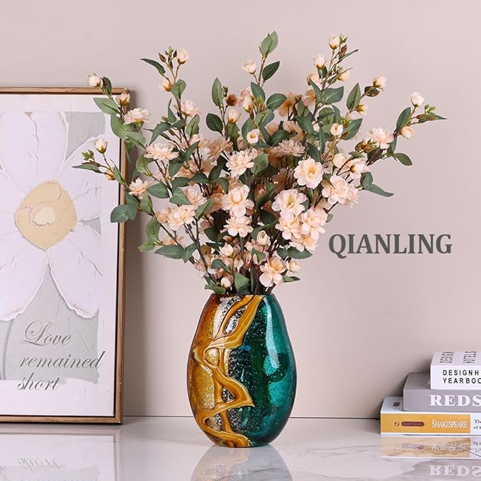 9" Tall Handcrafted Glass Vase with Amber and Turquoise Colors - Artistic Decorative Flower Vase for Home Decor, Modern Art Piece for Living Room, Dining Table, Kitchen, Office, Desk, Bedroom Decor