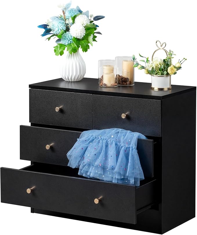 Karl home Black 4 Drawer Dresser for Bedroom, Modern Wood Dresser Chest of Drawers, Bedroom Dressers Nightstand, Anti-Tipping Device, Rose Gold Metal Handle, Living Room, Hallway, Office