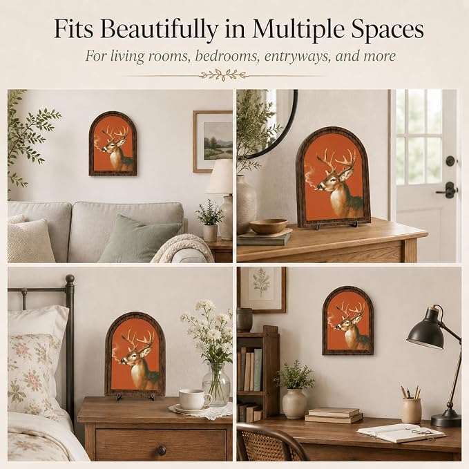 Vintage Deer Art Decor - Arched Wooden Frame with Stand, Retro Whimsical Animal Wall & Tabletop Decor for Living Room, Bedroom, Office, Funny Novelty Home Accent, Unique Housewarming Gift