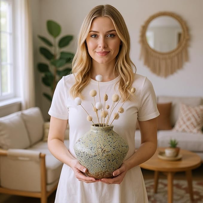 Ceramic Rustic Farmhouse Decor, Pottery Decorative Flower Vases, Boho Vase for Centerpieces,Office, Living Room, Dining Table, Entryway, Shelf, Mantel(Height 6.7 inch-Blue Ink)