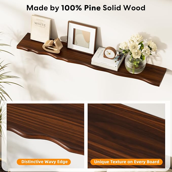 Solid Wood Live Edge Floating Shelves Set of 1 – 48" Rustic Wall Shelf with Hidden Bracket System, Wall Mounted Shelves for Bathroom, Kitchen, Living Room, Bedroom (Walnut)