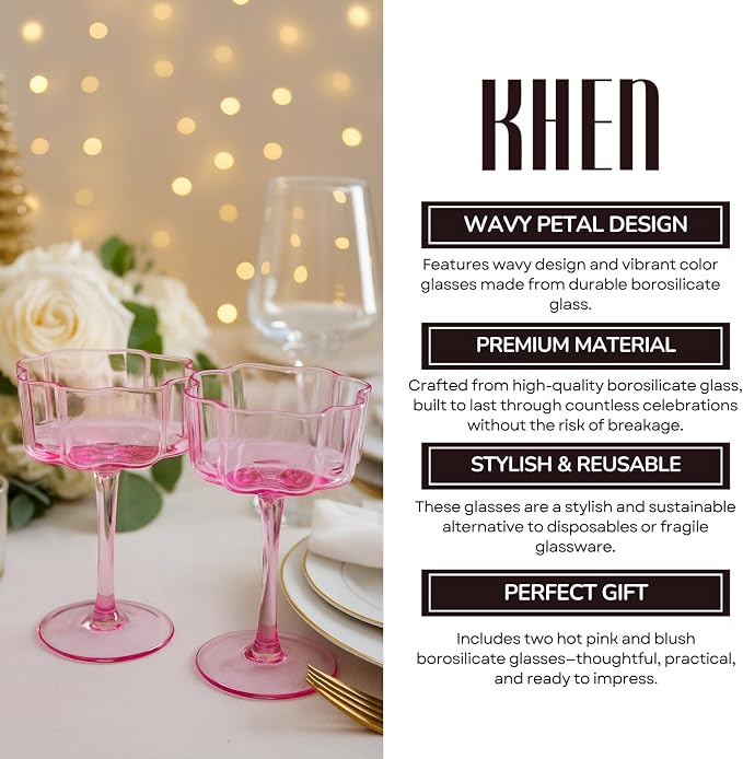 Flower Scalloped Vintage Wavy Petals Wave Glass Coupes 7oz Colorful Martini, Champagne & Cocktails, 2 Pink & Blush Set Amber Rippled Champagne Glasses, Elegant Bar Glassware, Aesthetic Coupe Glassware