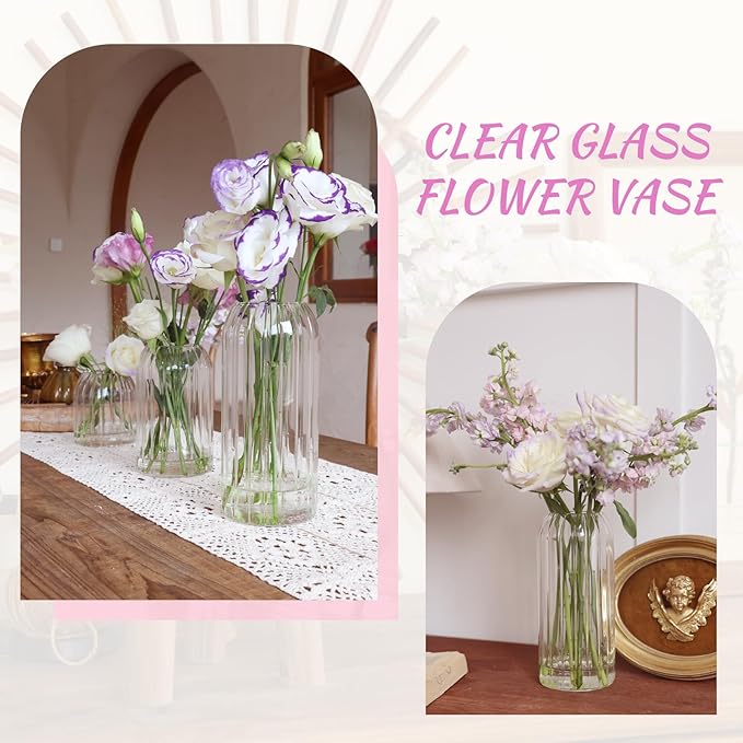 Bud Vases in Bulk Set of 6, Glass Small Vases for Flowers, Modern Cylinder Ribbed Vases for Wedding Centerpiece, Living Room Decorative, Home Decor