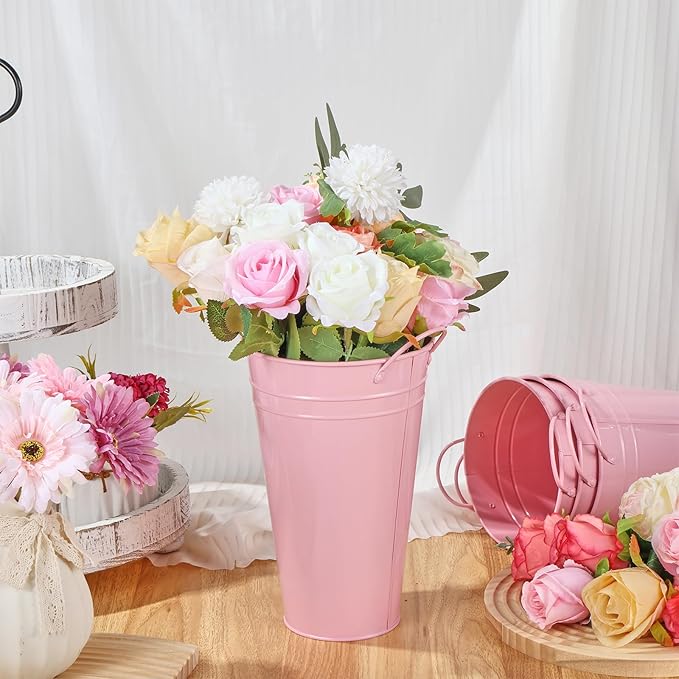 Flower Bucket for Flower Bar, 6 Pcs 10.2 Inch Metal Vases with Handles, Leak-Proof Pink French Buckets for Valentine's Day, Wedding Centerpieces, Baby Shower, Mother's Day, Farmhouse Rustic Home Decor