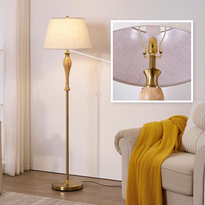 Natural Wood Floor Lamp with Linen Shade, Dimmable Standing Lamp for Living Room Bedroom Office, Mid Century Modern Tall Lamp with Stepless Dimmer Switch and Bulb