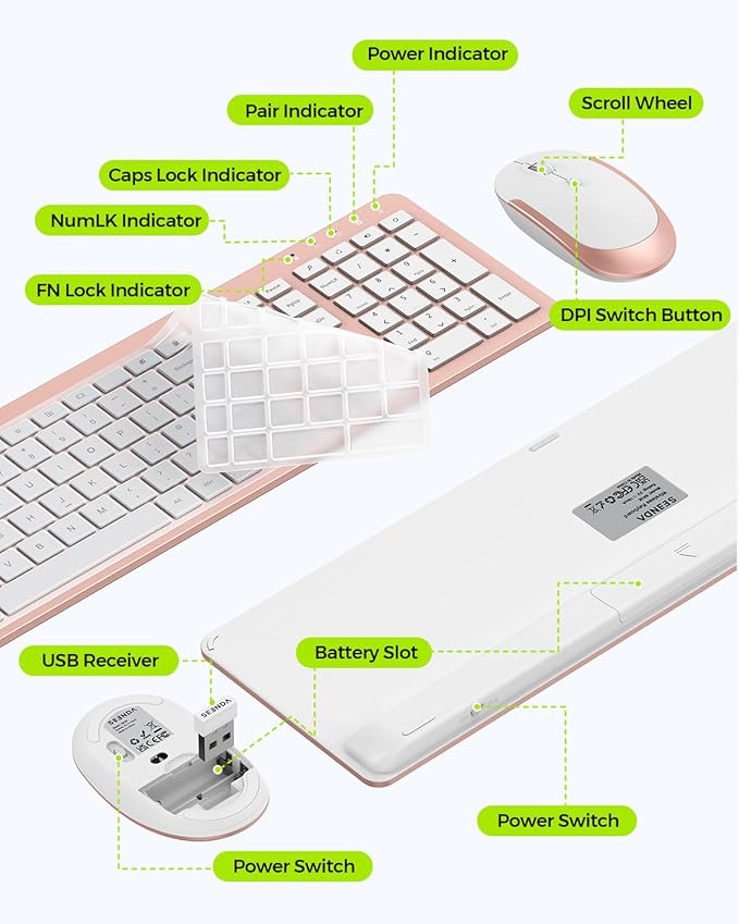 Wireless Keyboard and Mouse Combo, Full Size Slim Thin Cordless Keyboard Mouse with Numeric Keypad, Quiet Computer Keyboard Mice Set 2.4G Stable Connection Adjustable DPI (Rose Gold)