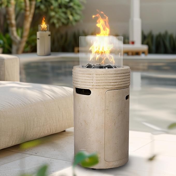 Outdoor Propane Fire Pit, 16" Propane Fire Column Patio Gas Fire Pit 50,000 BTU for Outside with Lava Rocks