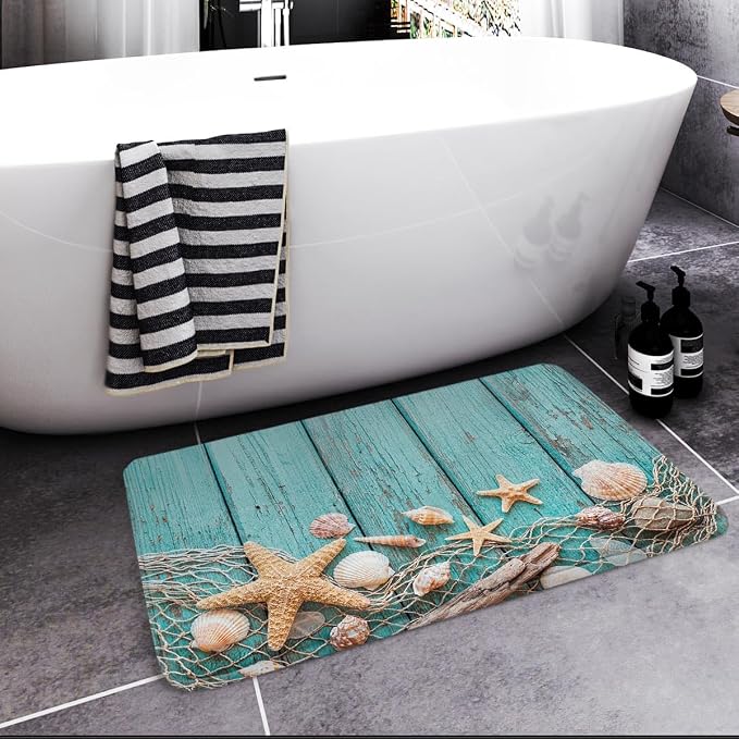 Britimes Bath Mat for Bathroom, Beach Seashells Starfish Sand Washable Cover Floor Rug Carpets Floor Mat Bathroom Decorations 16x24 Inches for Kitchen Bedroom Indoor