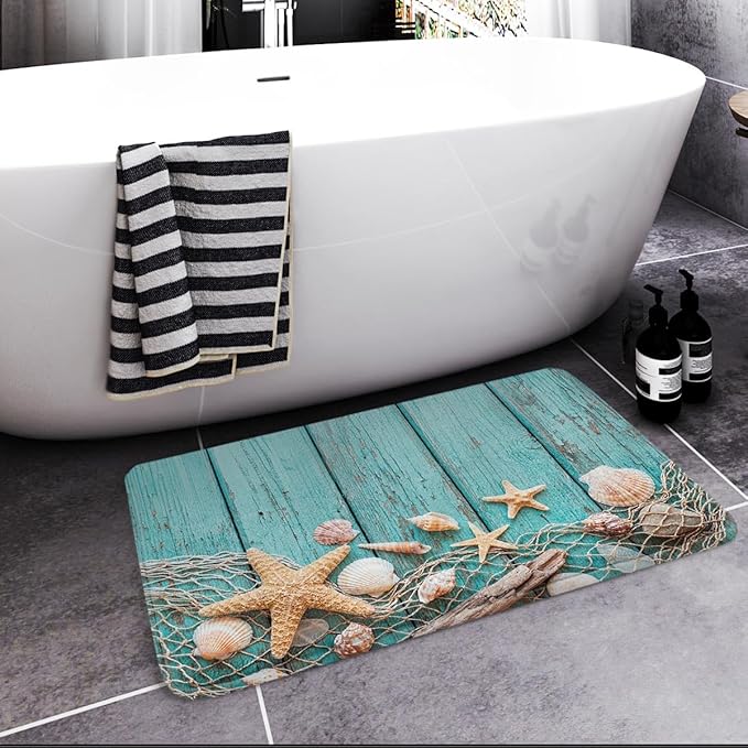 Britimes Bath Mat for Bathroom, Beach Seashells Starfish Sand Washable Cover Floor Rug Carpets Floor Mat Bathroom Decorations 20x32 Inches for Kitchen Bedroom Indoor