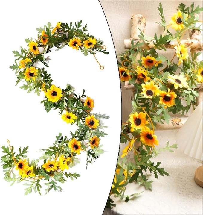 Artificial Sunflower Vine 175cm, Fake Sunflowers Garland with Yellow Silk Flowers and Green Leaves for Wedding Party Home Decor, 2 Pack
