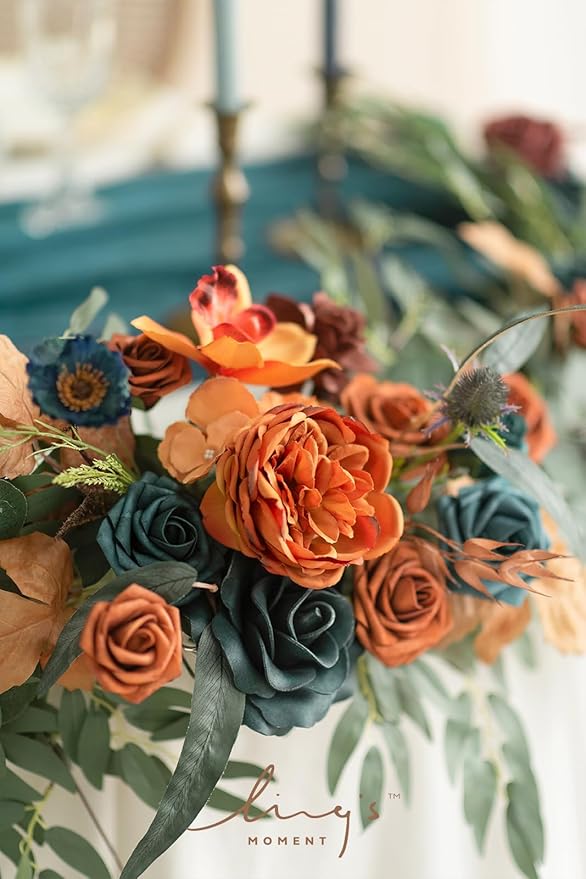Ling's moment Flower Garland - 6FT Eucalyptus & Rose - Sweetheart Table Decor for Wedding Reception, Artificial Floral Garland for Mantle, Christmas Decoration, Dark Teal & Burnt Orange