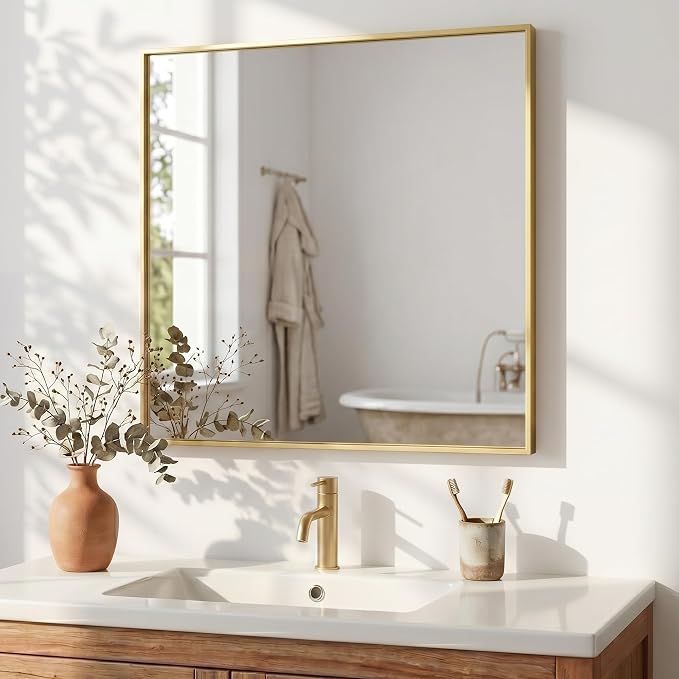 30"x30" Square Gold Bathroom Mirror, Shatterproof Tempered Glass, Brass Tone Geometric Narrow Frame, Ultra-Flush Wall-Mounted