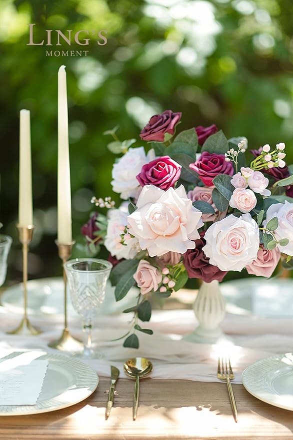 Ling's moment Fake Flowers Box, Faux Artificial Greenery Stems Foam Roses Silk Ranunculus Eucalyptus Leaves Fabic Flower for Centerpieces Bouquet Wedding Vase, Berry Pink & Blush, Grand Combo