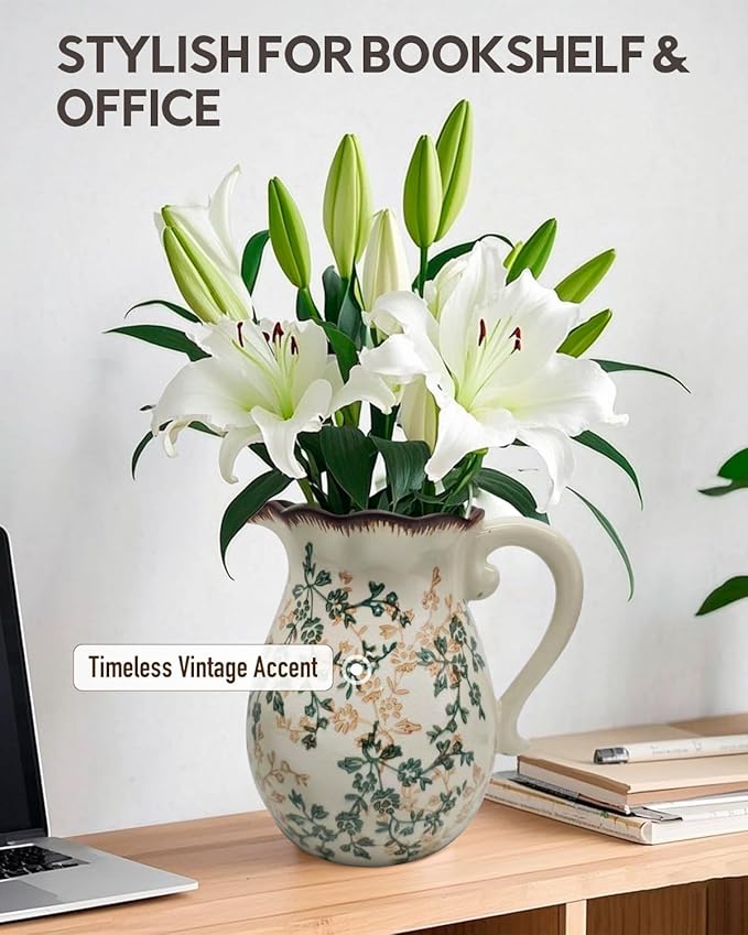 Vintage Ceramic Flower Pitcher Vase Home Decor - Tabletop Rustic Large Vase for Decor Living Room Bookshelf Office Kitchen Cottage, White Vases for Bouquet, with Handle | Grand Millennial | 8.3inch