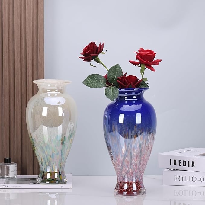 11.8" Tall Green Glass Vase Beautiful Hand Blown Glass Vase Modern Art Home Decor, Wide Mouth Colorful Vases for Mantle Dining Table Centerpiece, Entryway Living Room Wedding Decoration
