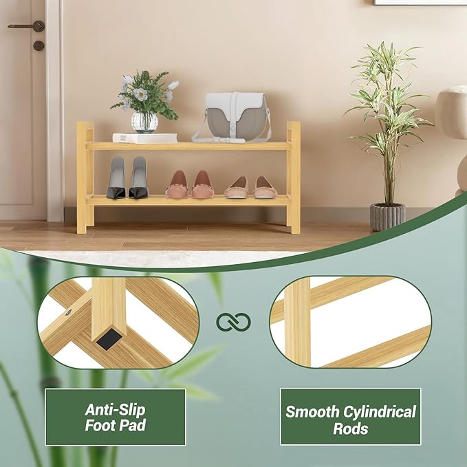 Haddockway Bamboo Shoe Rack for Closet, Free Standing Shoe Organizer with Smooth Round Rods & Convenient Handles, Stackable Shoe Storage Shelf for Entryway, Hallway(Natural, 2-Tier(Small))