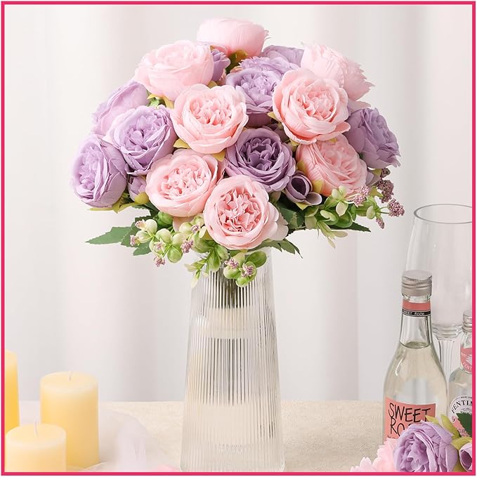 Olgaa 12 Bundles Peonies Artificial Flowers Artificial Peonies Silk Flowers Bulk Fake Peony Bouquet for Bridal Shower Decorations Wedding Table Centerpiece (Pink Purple)
