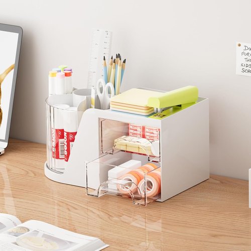Marbrasse Desk Organizer - 360° Rotating Pen Holder & 2 Drawer Storage | White Art Supply Caddy