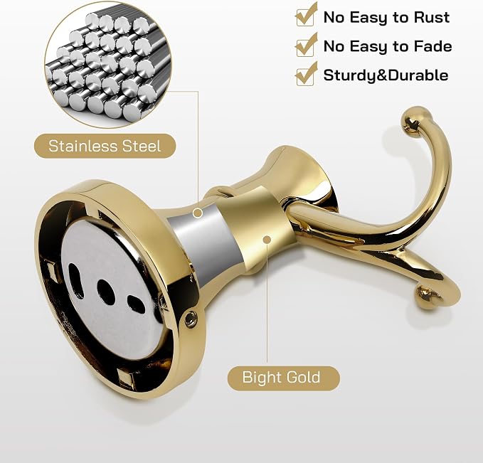 Gold Bathroom Towel Hook, Brushed Gold Bathroom Robe Hook, Heavy Duty Double Towel Hooks Bath Modern Coat Clothes Hook Wall Mounted for Kitchen Washroom