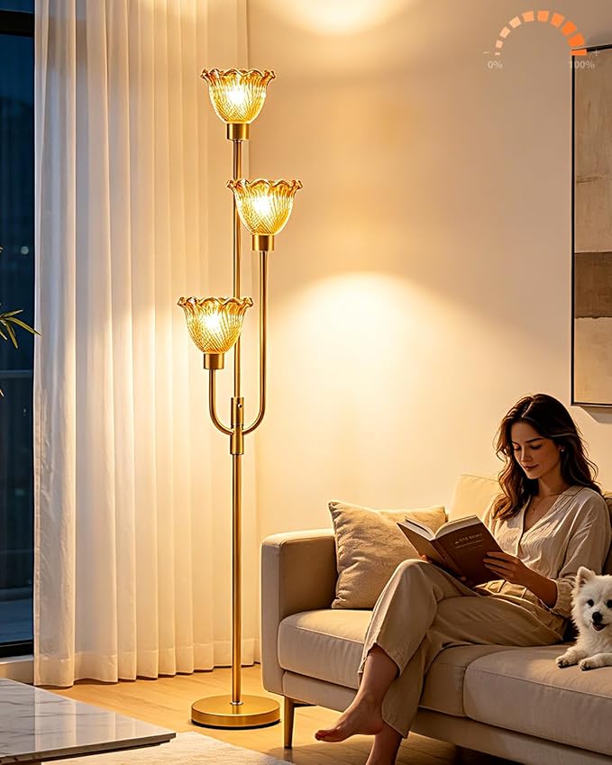 Lightdot 3-Lights Glass Floor Lamp 66IN Modern Gold Dimmable Floor Lamps with 3000K Warm White Bulbs for Wedding Party Tall Standing Lamp with Amber Glass Shade for Living Room/Bedroom/Home Decor