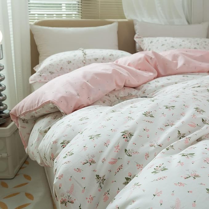 Girl Floral Duvet Cover Twin Pink White Flower Print Bedding Sets Garden Style Flower Comforter Cover Cotton Aesthetic Bedding Cover Chic Floral Bedroom Collection 1 Duvet Cover with 2 Pillowcases