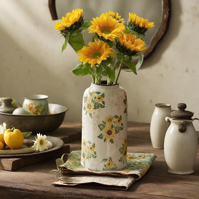 Vintage Pastoral Ceramic Vase, 10.6 inch Yellow and Beige Sunflower Floral Rustic Farmhouse Antique Retro Ice Cracked Chinoiserie Vases for Home Decor Living Room Tuscan Decor (Large)