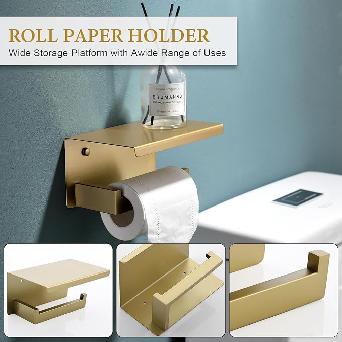 6-Piece Bathroom Hardware Set 23.6 Inch Gold Towel Bar Set Double Towel Bar Towel Ring Coat Hook and Toilet Paper Holder with Shelf Wall Mounted Stainless Steel Bathroom Accessories Set