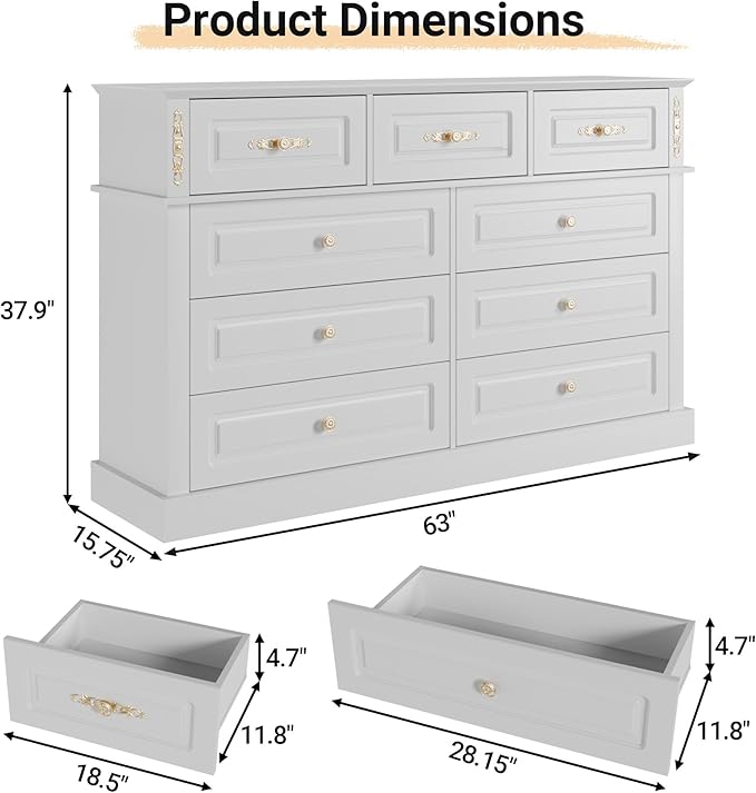 63Wx39H Large Dresser White,9 Drawers Dresser for Bedroom,Retro Chest of Drawers with Gold Knobs, Wooden Storage Dressers, Bedroom Storage Organizer for Closet, Living Room, Hallway