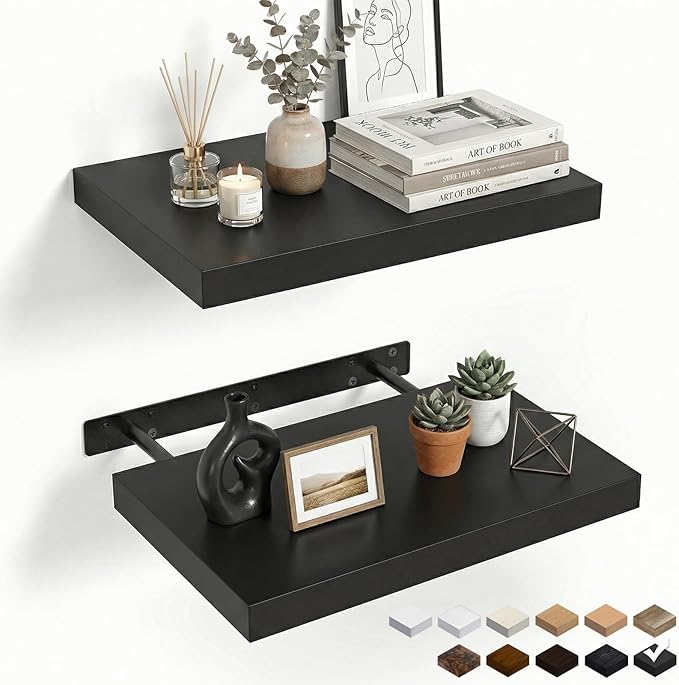 17.5in Floating Shelves for Wall, Wall Mounted Shelves for Decor Storage Set of 2, Floating Shelf for Bedroom, Bathroom, Living Room and Kitchen（Black）