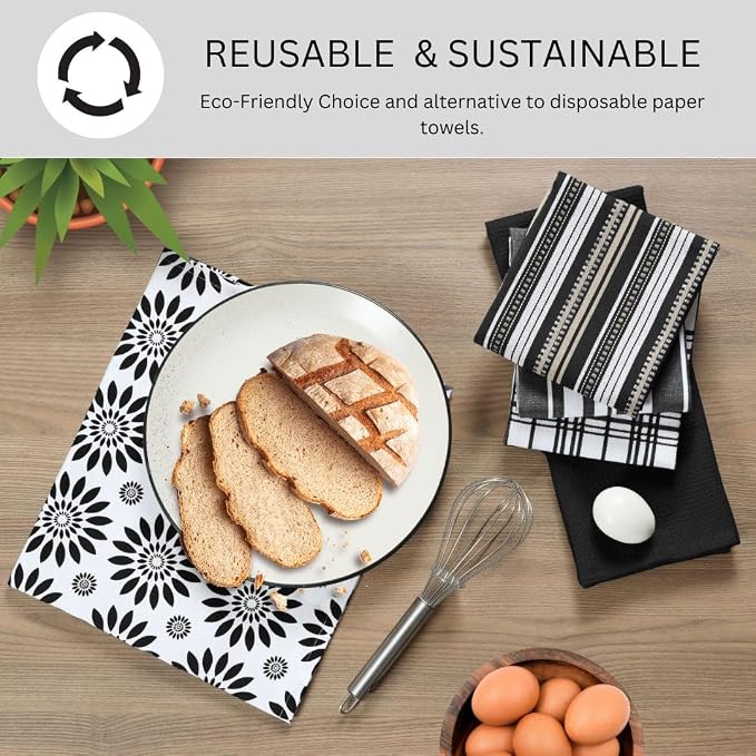 Assorted Kitchen Towels Large 16x26 Inch 100% Cotton Set of 5 - Dish Cloths Towels with Hanging Loop - Soft Absorbent Washable Tea Towels for Kitchen - Quick Drying Dish Towels Black