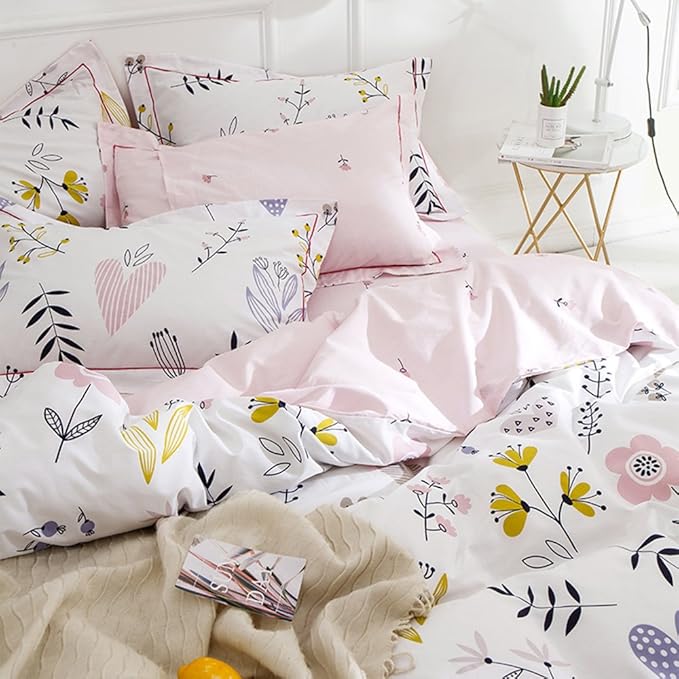 Girls Floral Duvet Cover King Boho White Pink Floral Bedding Sets Cotton Aesthetic Floral Comforter Cover Chic Flower Branches Bedding Sets Garden Style Pink Floral King Duvet Cover with 2 Pillowcases